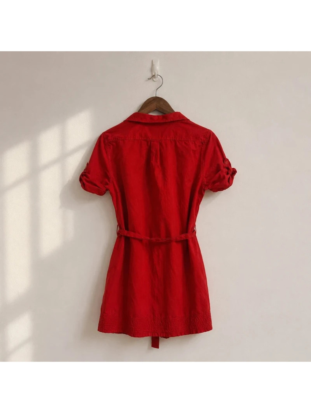 Banana Republic Red Linen Silk Belted Safari Tunic Shirt Dress Petite 8P - Picture 2 of 4